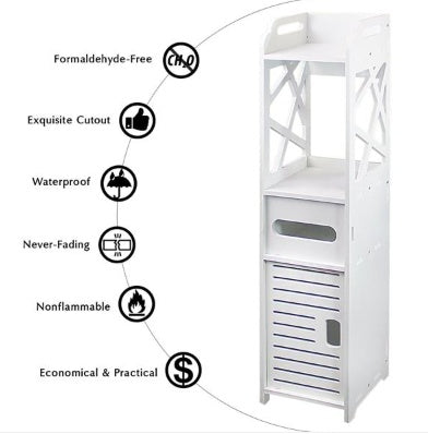 Slim Bathroom Storage Cabinet – Waterproof Wood-Plastic Organizer with Toilet Paper Rack & Drawer (White)