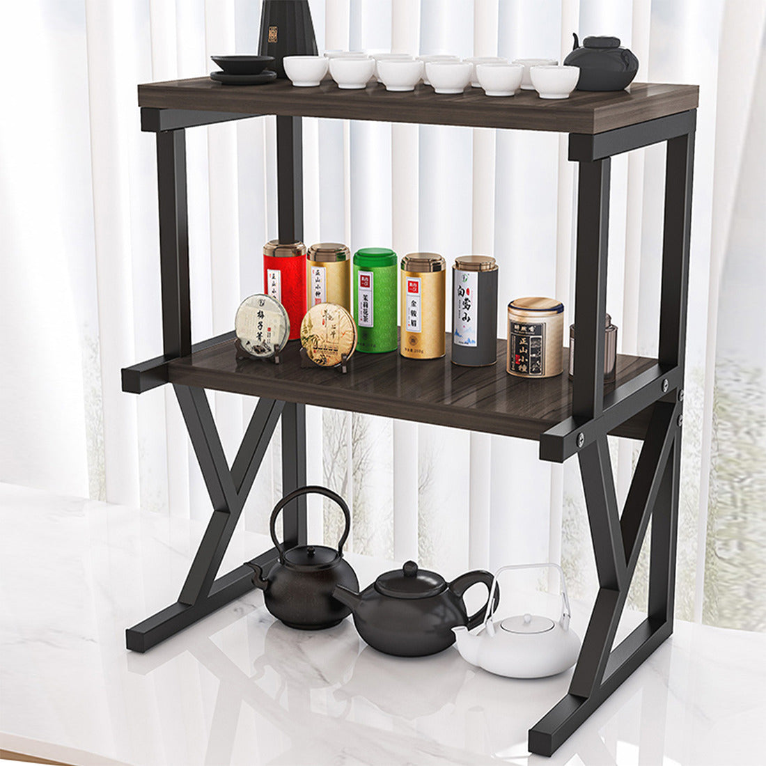 2-Tier Heavy Duty Baker’s Rack – Kitchen Microwave Stand with Storage Shelf (Walnut Finish)
