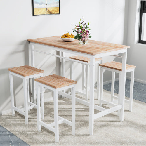 5-Piece Modern Bar Height Dining Set – White Oak Table with 4 Stools, Metal Frame & MDF