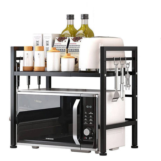 Black Single-Layer Kitchen Storage Rack – Double Bar with 6 Hooks & Extendable Design