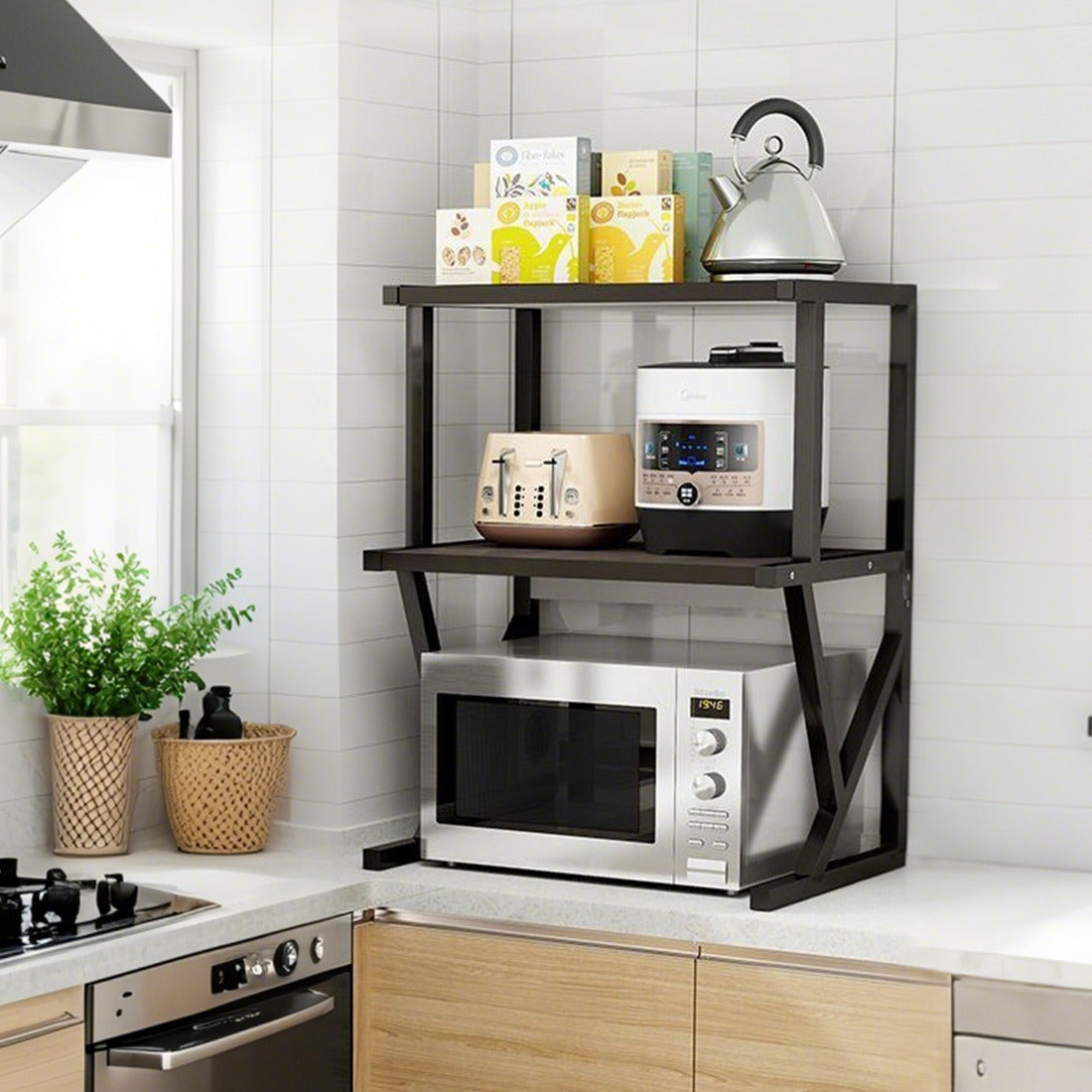 2-Tier Heavy Duty Baker’s Rack – Kitchen Microwave Stand with Storage Shelf (Walnut Finish)