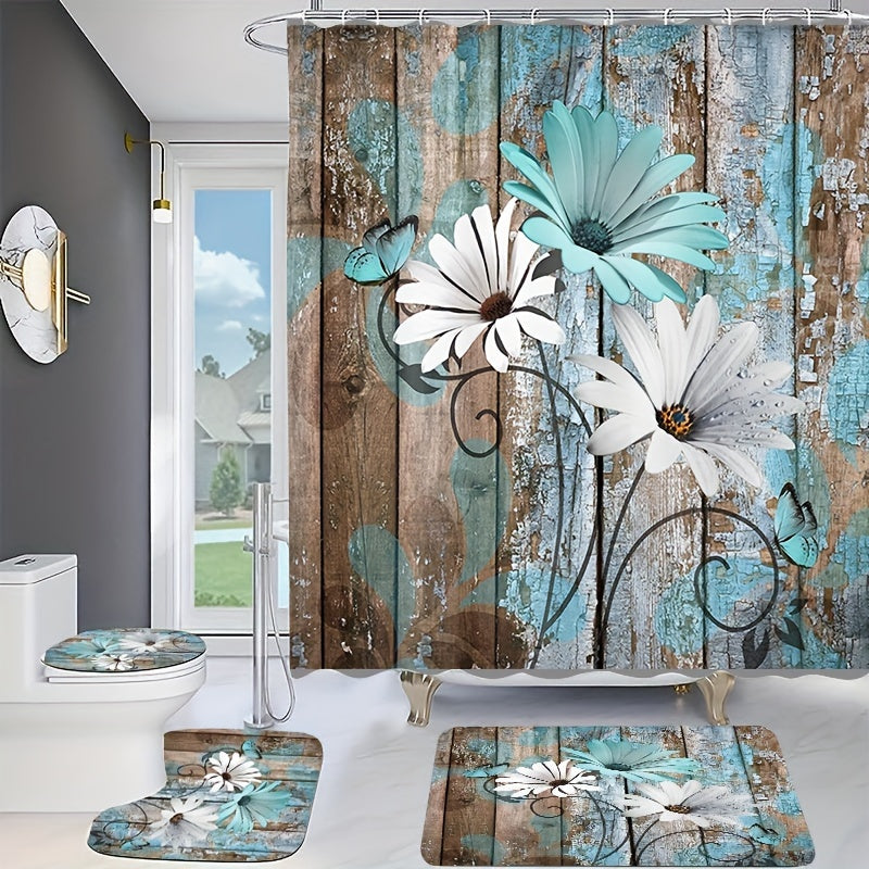 4-Piece Daisy Print Shower Curtain Set – Waterproof Bathroom Decor with Non-Slip Mats & Rust-Resistant Hooks