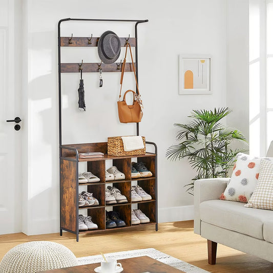 3-in-1 Coat Rack & Shoe Storage Tree – Freestanding Entryway Organizer with Hooks & Hanging Rail