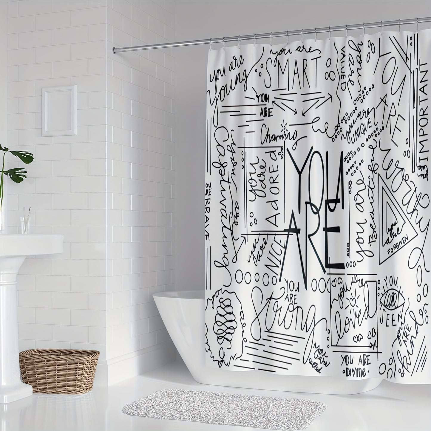 Geometric Black &amp; White Waterproof Shower Curtain – Modern Bathroom Decor with Hooks Included