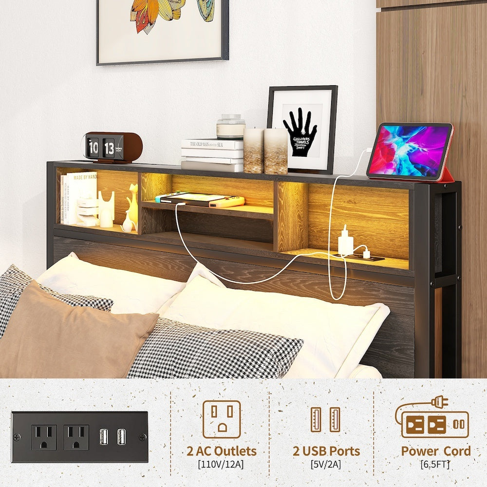 Full Size Bed Frame With Storage Headboard, Metal Platform Bed With Charging Station, Bookcase Storage, No Box Spring Needed, Easy Assembly, Noise-Free, Black
