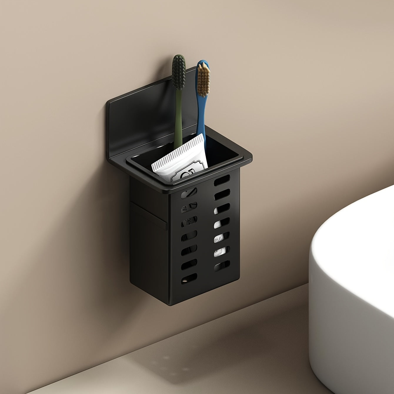 No-Drill Black Wall-Mounted Bathroom Organizer – Mold-Resistant Plastic Storage Basket