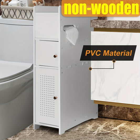 Compact Bathroom Organizer Cabinet – TuoxinEM Freestanding PVC Shelf with Tissue Box & No-Drill Mount