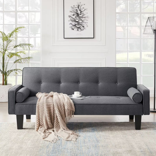 Mid-Century Modern Fabric Loveseat Sofa with Pillows – Button-Tufted Upholstery & Pull Point Design for Living Room Furniture