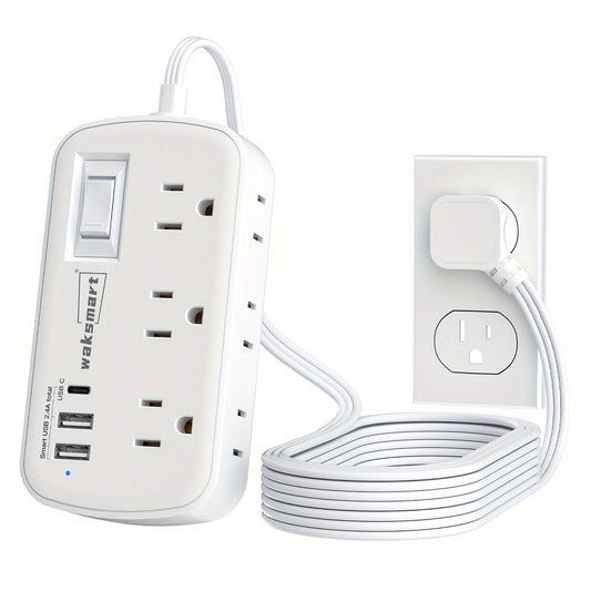 Waksmart Compact Surge Protector Power Strip – Ultra-Thin 5ft Extension Cord with Flat Plug, 6 Outlets & 3 USB Ports (1 USB-C), Wall-Mountable, ETL Listed for Office, School & Dorm