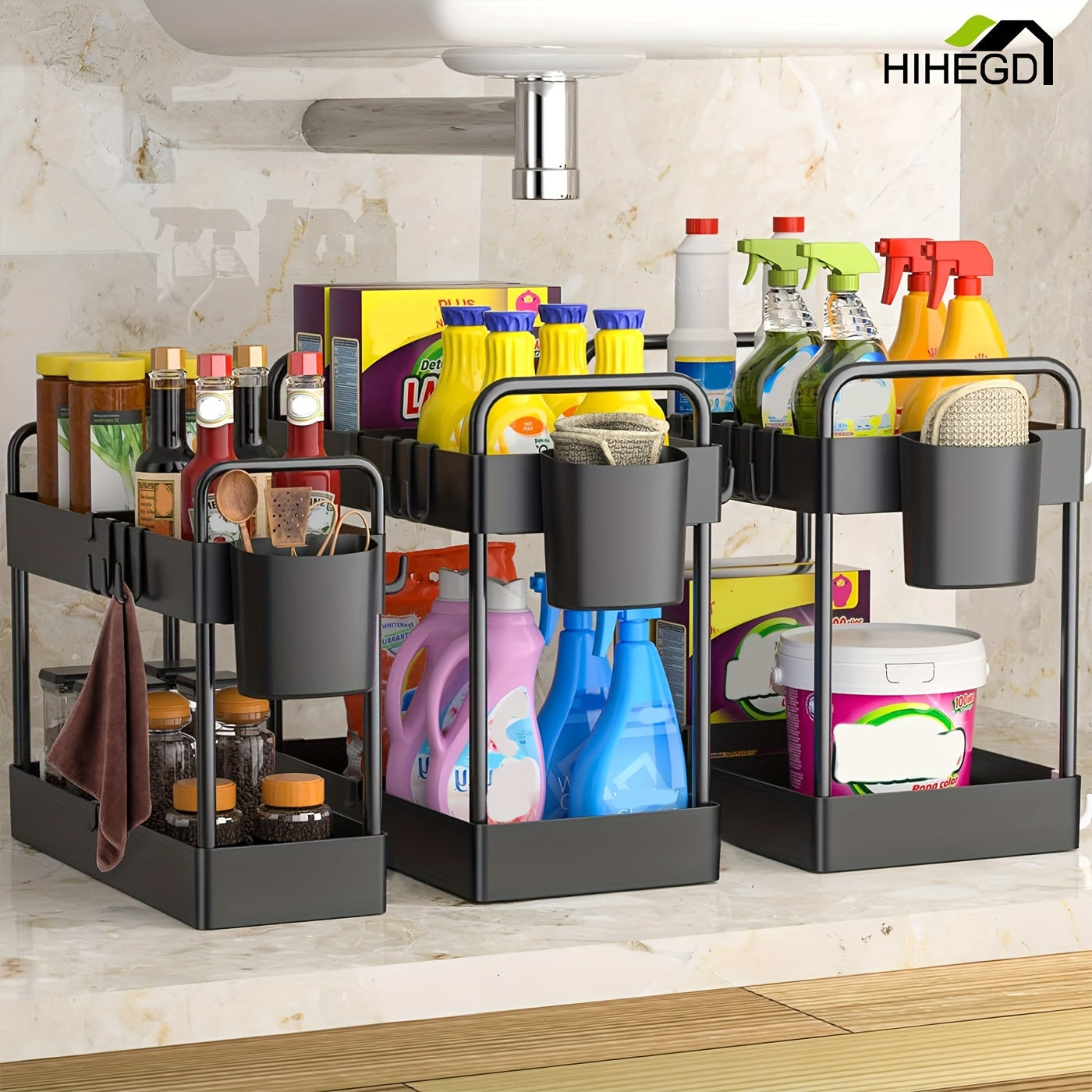3-Piece Leak-Proof Pull-Out Organizer Set – 2-Tier Under Sink Storage with Dividers, Hooks, Cup & Handles – Large Capacity for Kitchen & Bathroom