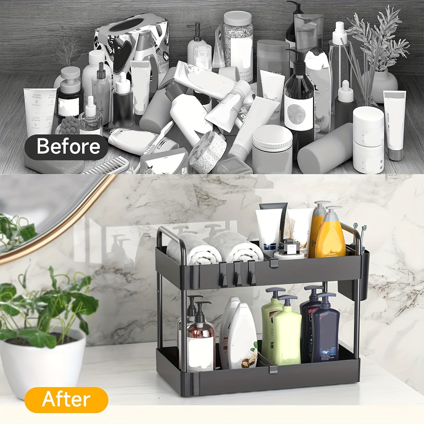 3-Piece Leak-Proof Pull-Out Organizer Set – 2-Tier Under Sink Storage with Dividers, Hooks, Cup & Handles – Large Capacity for Kitchen & Bathroom