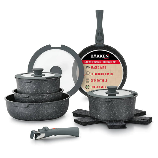 Bakken 15-Piece Nonstick Granite Cookware Set – Detachable Handles, Stackable Design, Oven & Dishwasher Safe – Fits All Stovetops